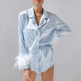 Lizakosht  Feathers Pajamas Women 2 Piece Set Long Sleeve Turn Down Collar Top Pockets Autumn Casual Night Suits With Shorts Satin